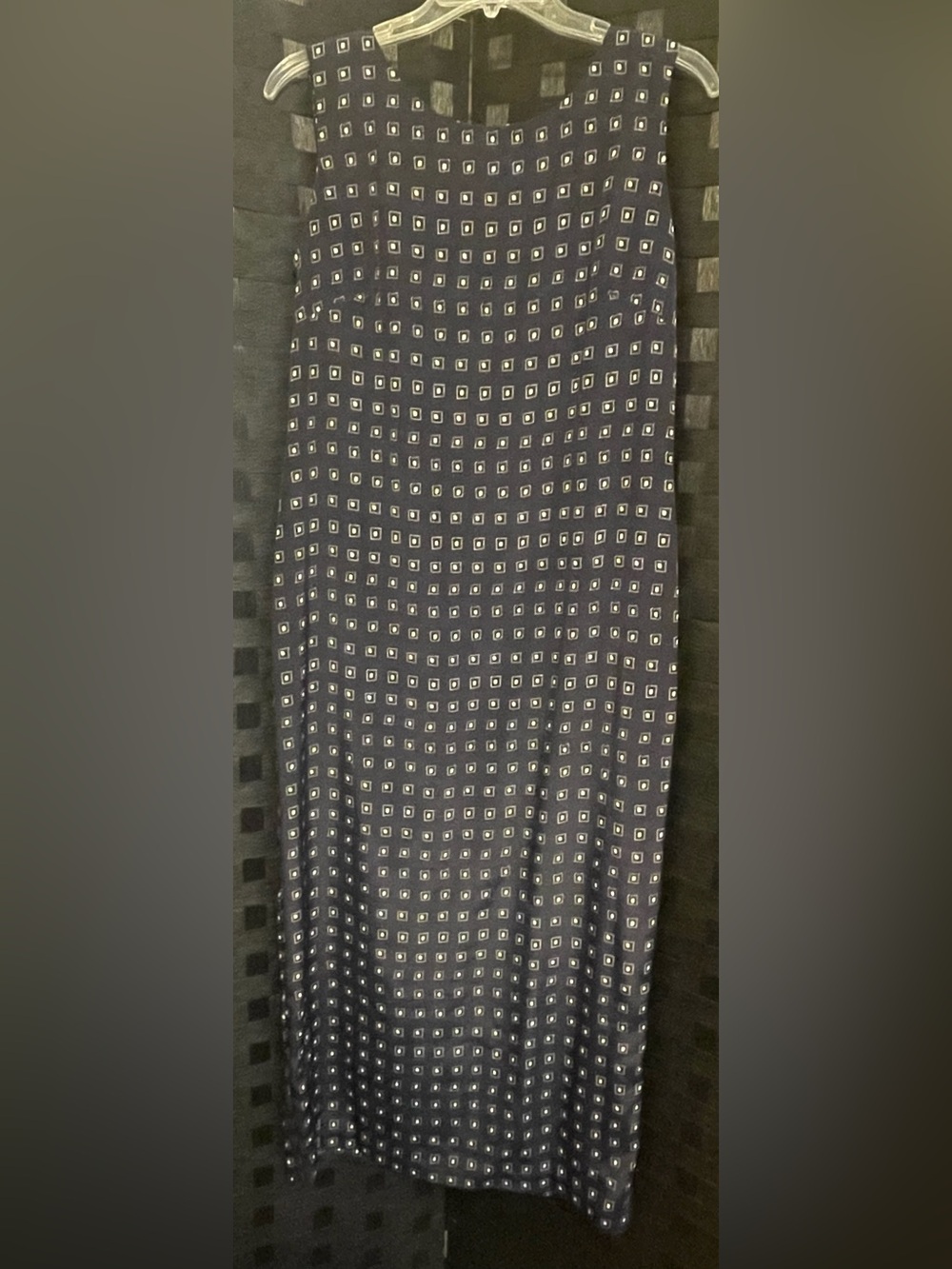 Vtg Leslie Fay Dress Sheath Navy Silky Geometric Sleeveless Long Workwear size 8